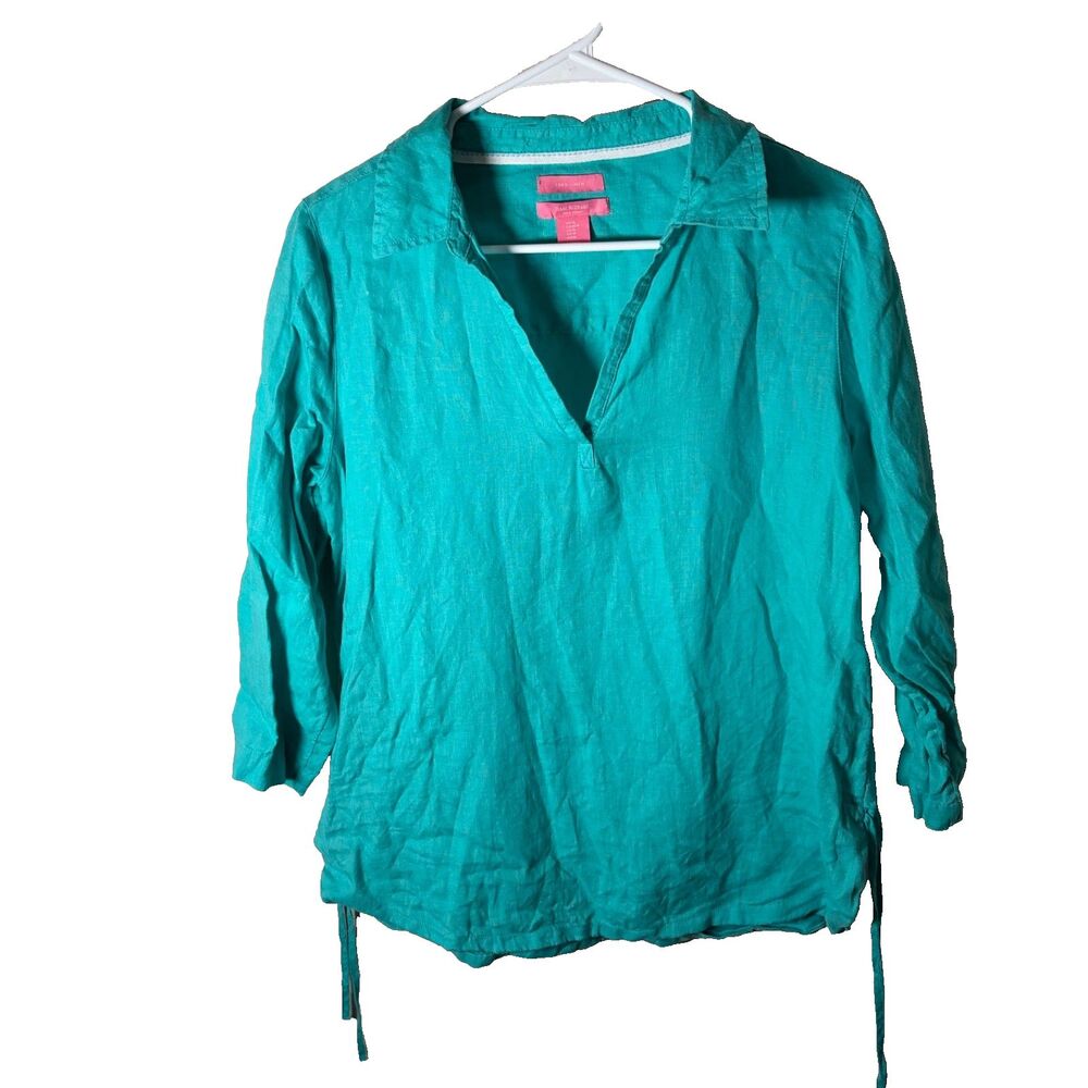 Isaac Mizrahi Blouse Women's Medium Teal 100% Linen V-Neck 3/4 Sleeve Tie Top